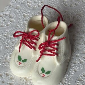 Lillian Vernon Porcelain Baby Shoes 1986 Holly design w/ Red Satin Laces